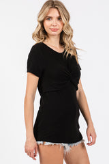 Black Ribbed Twist Front Top