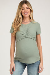 Light Olive Ribbed Twist Front Maternity Top