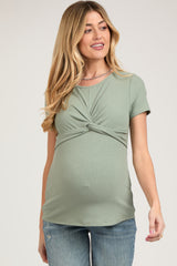 Light Olive Ribbed Twist Front Maternity Top