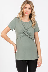 Light Olive Ribbed Twist Front Maternity Top