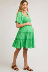 Green Smocked V-Neck Ruffle Short Sleeve Tiered Maternity Dress