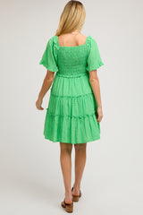 Green Smocked V-Neck Ruffle Short Sleeve Tiered Maternity Dress