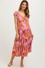 Orange Floral Sweetheart Neck Ruffle Shoulder Maternity Midi Dress