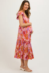 Orange Floral Sweetheart Neck Ruffle Shoulder Maternity Midi Dress