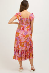 Orange Floral Sweetheart Neck Ruffle Shoulder Maternity Midi Dress