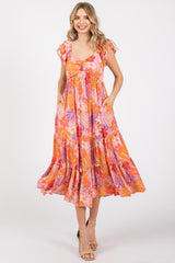 Orange Floral Sweetheart Neck Ruffle Shoulder Maternity Midi Dress