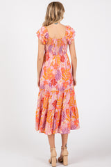 Orange Floral Sweetheart Neck Ruffle Shoulder Midi Dress