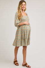 Taupe Floral Smocked Maternity Dress