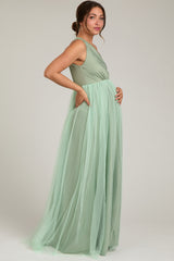 Light Olive One Shoulder Tulle Maternity Maxi Dress