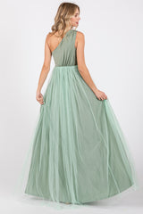 Light Olive One Shoulder Tulle Maxi Dress