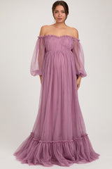 Mauve Sweetheart Neck Off Shoulder Long Sleeve Tulle Maternity Maxi Dress