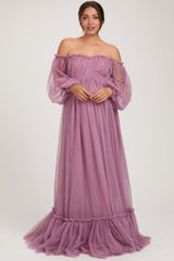 Mauve Sweetheart Neck Off Shoulder Long Sleeve Tulle Maternity Maxi Dress