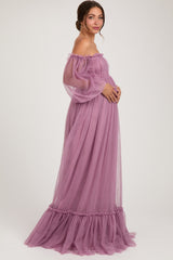 Mauve Sweetheart Neck Off Shoulder Long Sleeve Tulle Maternity Maxi Dress