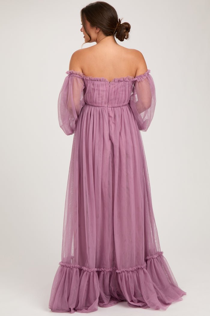 Mauve Sweetheart Neck Off Shoulder Long Sleeve Tulle Maternity Maxi Dress