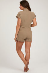 Taupe Gauze Button Up Front Pocket Maternity Romper