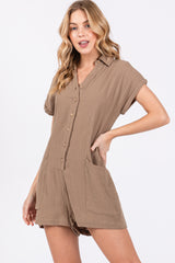 Taupe Gauze Button Up Front Pocket Maternity Romper