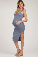 Blue Knit Fitted Maternity Midi Dress