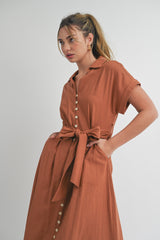 Rust Collared Front Button Midi Dress