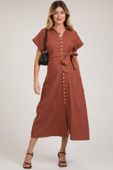 Rust Collared Front Button Maternity Midi Dress