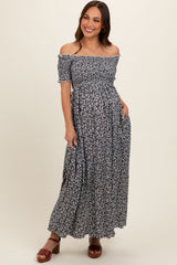 Black Floral Smocked Fitted Sleeve Side Slit Maternity Maxi Dress