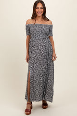 Black Floral Smocked Fitted Sleeve Side Slit Maternity Maxi Dress