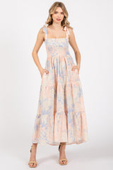 Multicolor Pastel Print Shoulder Tie Tiered Maternity Midi Dress