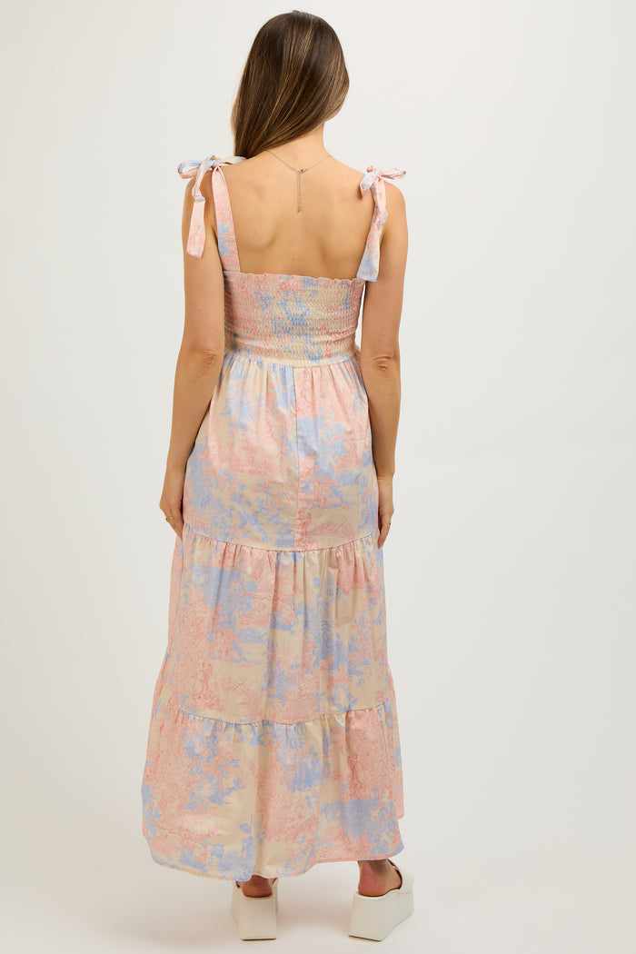 Multicolor Pastel Print Shoulder Tie Tiered Maternity Midi Dress