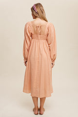 Peach Criss Cross Front Square Neck Long Sleeve Midi Dress