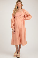 Peach Criss Cross Front Square Neck Long Sleeve Maternity Midi Dress