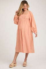 Peach Criss Cross Front Square Neck Long Sleeve Maternity Midi Dress