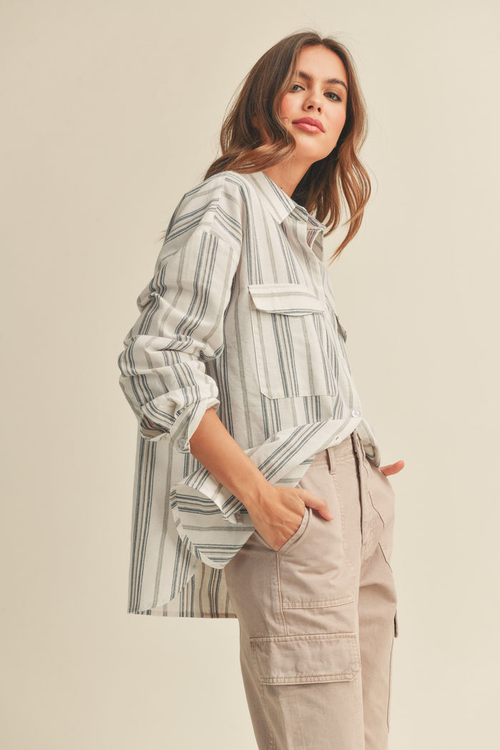 Ivory Striped Front Pocket Button Up Top
