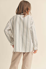 Ivory Striped Front Pocket Button Up Top