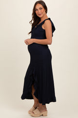 Navy Textured Sleeveless Ruffle Slit Maternity Maxi Dress