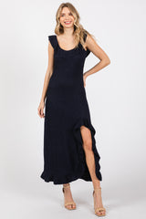 Navy Textured Sleeveless Ruffle Slit Maxi Dress