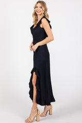 Navy Textured Sleeveless Ruffle Slit Maxi Dress