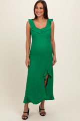 Green Textured Sleeveless Ruffle Slit Maternity Maxi Dress