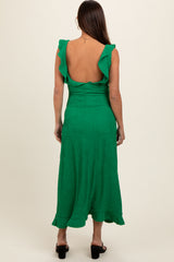 Green Textured Sleeveless Ruffle Slit Maternity Maxi Dress