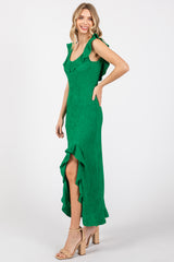 Green Textured Sleeveless Ruffle Slit Maxi Dress