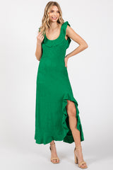 Green Textured Sleeveless Ruffle Slit Maxi Dress