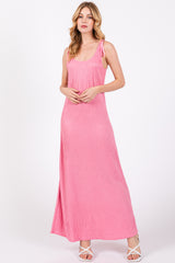 Pink Textured Tie Strap Midi Dress