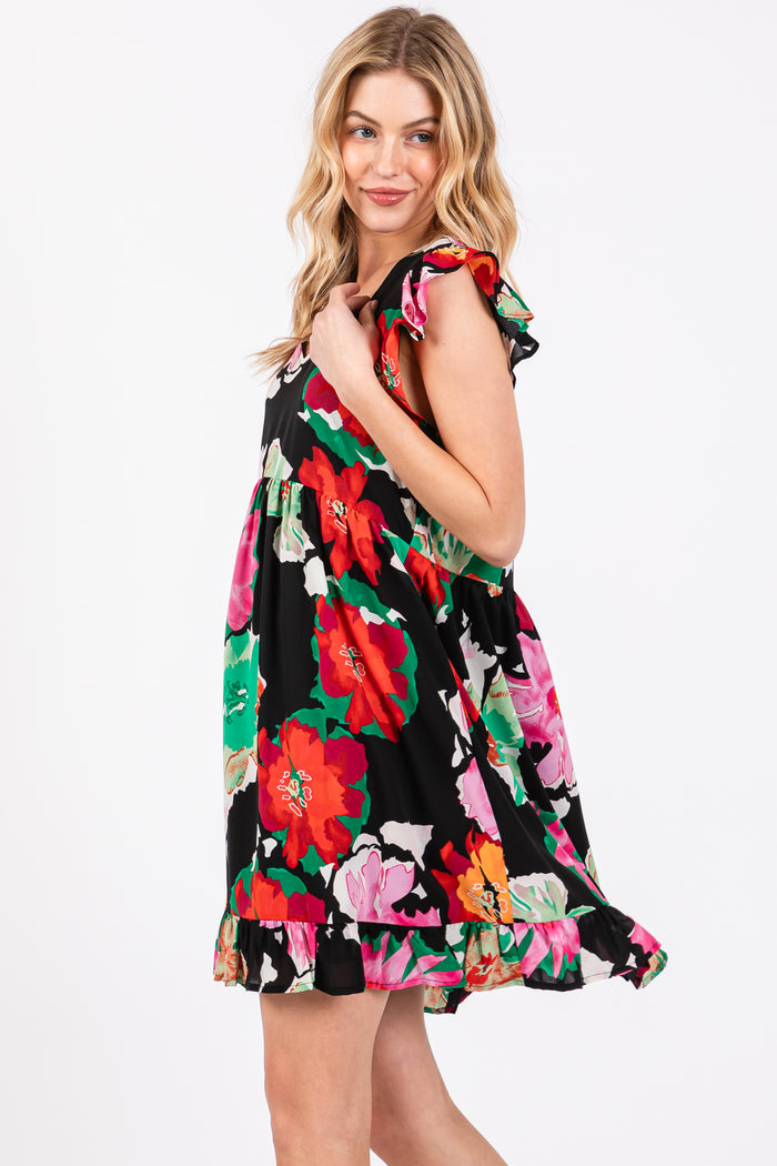 Black Floral Ruffle Shoulder Dress