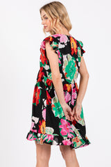 Black Floral Ruffle Shoulder Dress