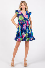 Navy Blue Floral Ruffle Shoulder Dress