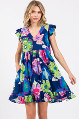 Navy Blue Floral Ruffle Shoulder Dress