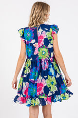 Navy Blue Floral Ruffle Shoulder Dress