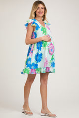 Light Blue Floral Ruffle Shoulder Maternity Dress