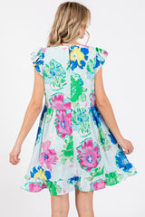 Light Blue Floral Ruffle Shoulder Dress