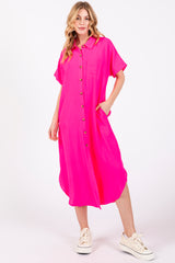 Fuchsia Button Down Front Pocket Maternity Midi Dress