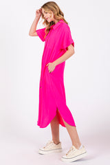 Fuchsia Button Down Front Pocket Midi Dress