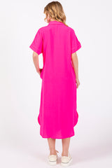 Fuchsia Button Down Front Pocket Midi Dress